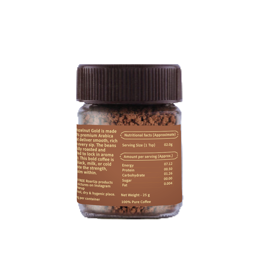 25gm Jar – 100% Pure Freeze-Dried Arabica Hazelnut Flavoured Coffee